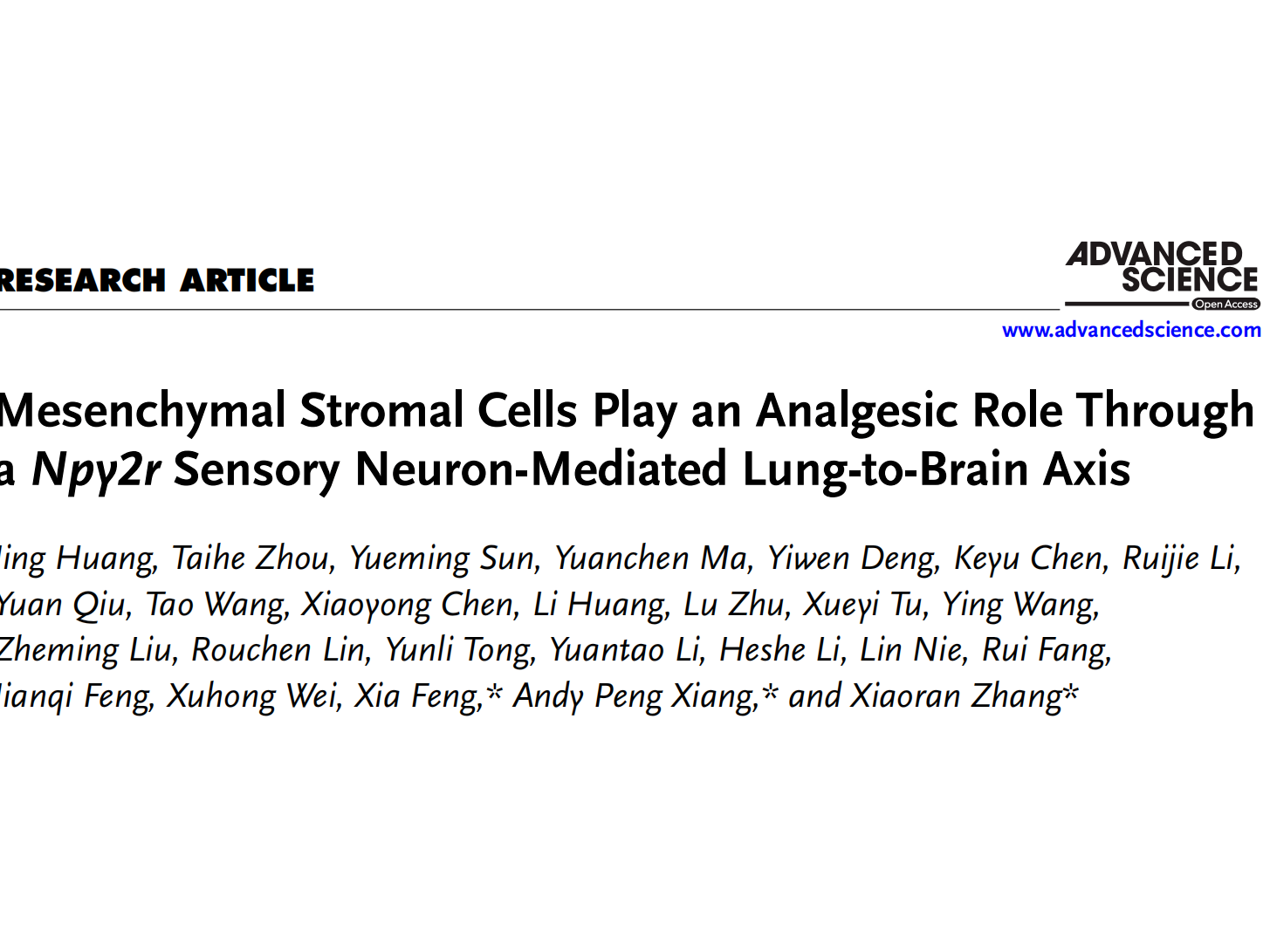 客户文章丨Adv. Sci.丨中山大学项鹏/张小然/冯霞合作揭示MSC通过肺-脑轴激活Npy2r感觉神经元介导镇痛作用及其机制