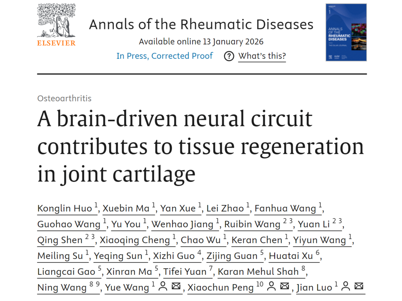 IF:20.6丨Ann Rheum Dis丨同济大学罗剑团队破解哺乳动物关节软骨不能再生难题