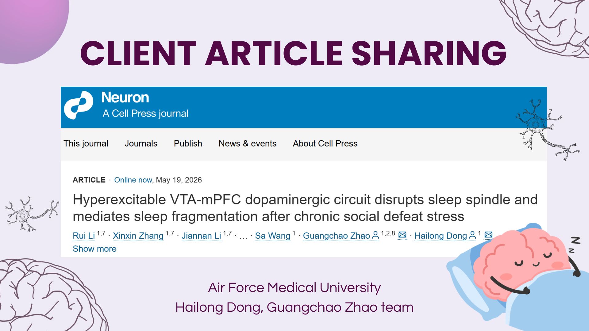 Client Articles | Neuron | Can’t sleep well under stress? Air Force Medical University team (Hailong Dong, Guangchao Zhao) reveals VTA–mPFC pathway drives sleep architecture disruption under chronic stress